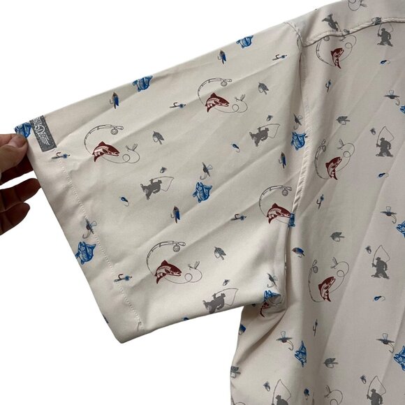 Straight Down Beige Fishing Salmon Lyre Print Short Sleeve Button Shirt XL - Picture 4 of 7